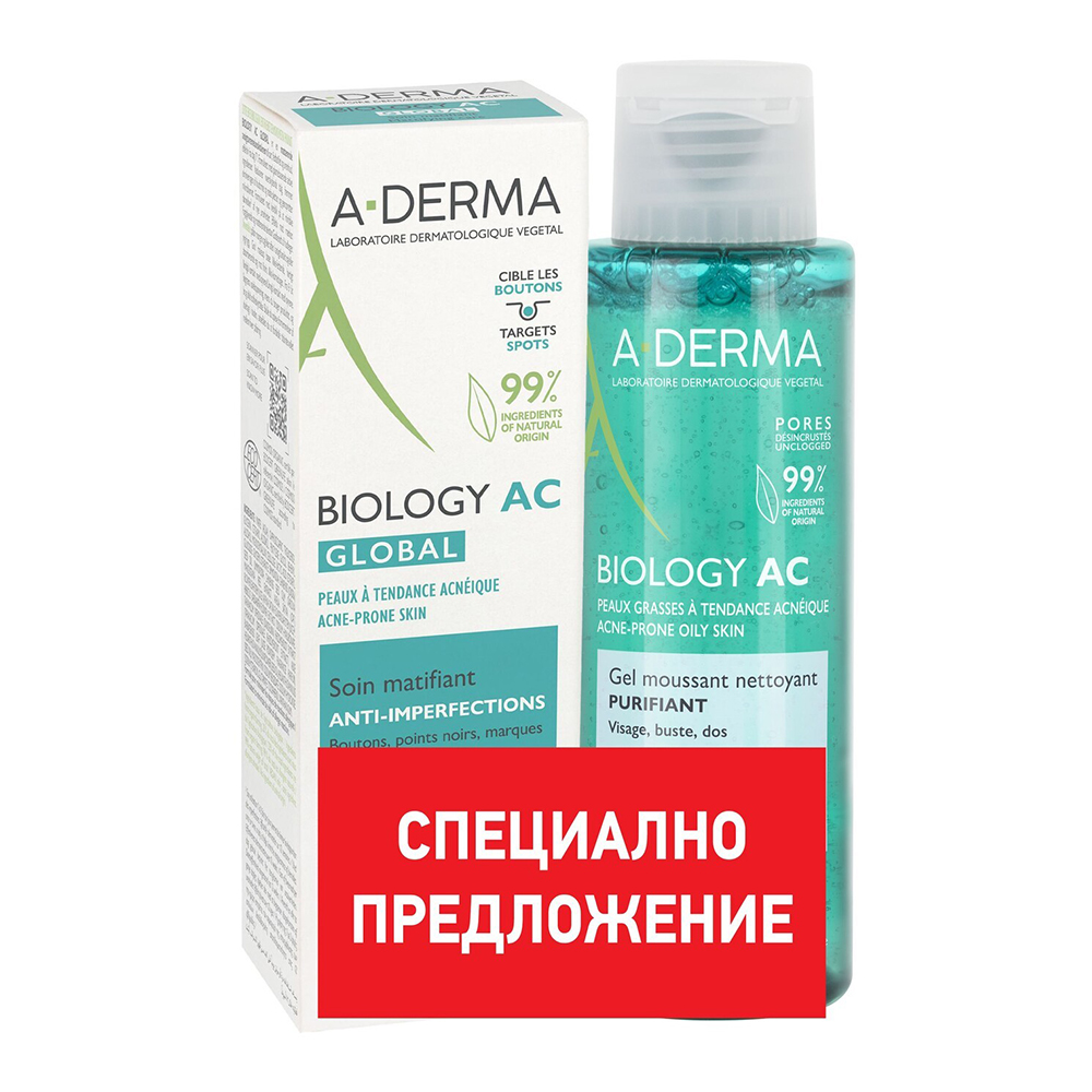 A-DERMA BIOLOGY AC PERFECT КОМПЛЕКТ ФЛУИД СРЕЩУ НЕСЪВЪРШЕНСТВА 40 МЛ + ПОЧИСТВАЩ ПЕНЕЩ СЕ ГЕЛ 100МЛ