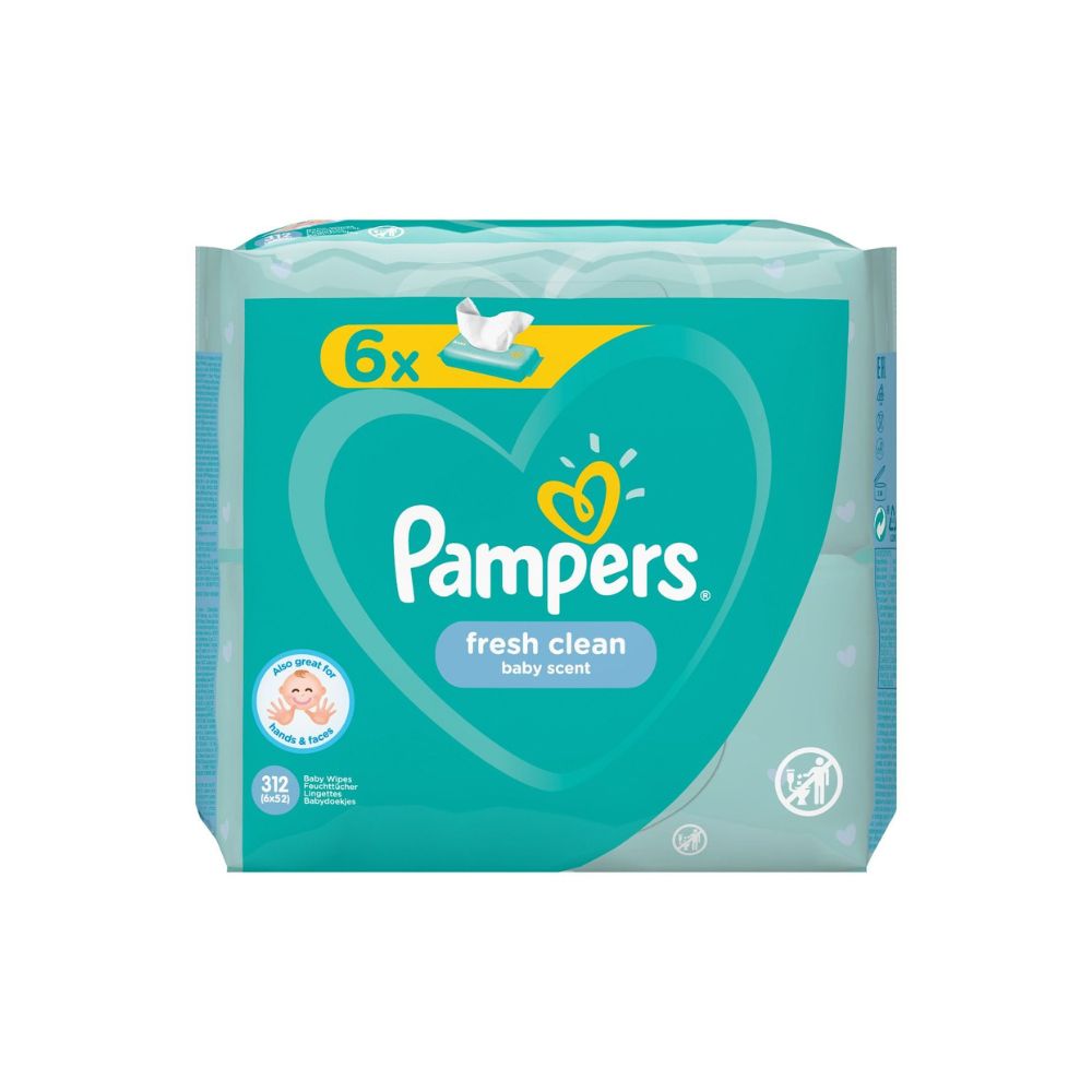 PAMPERS / ПАМПЕРС BABY FRESH CLEAN ПОЧИСТВАЩИ И ОСВЕЖАВАЩИ МОКРИ КЪРПИЧКИ ЗА БЕБЕТА 6 ПАКЕТА Х 52БР